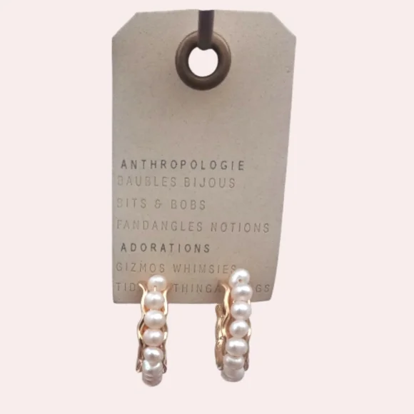 NWT Anthropologie Mini Pearl Hoop Earrings Gold - Picture 3 of 5